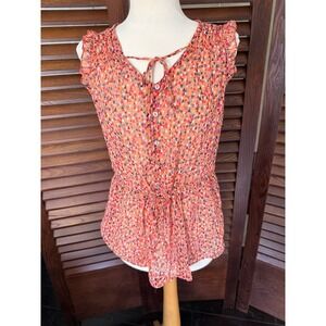 Mossimo Coral Geometric Triangle Print Tie Neck Ruffle Sleeve Peplum Top XS